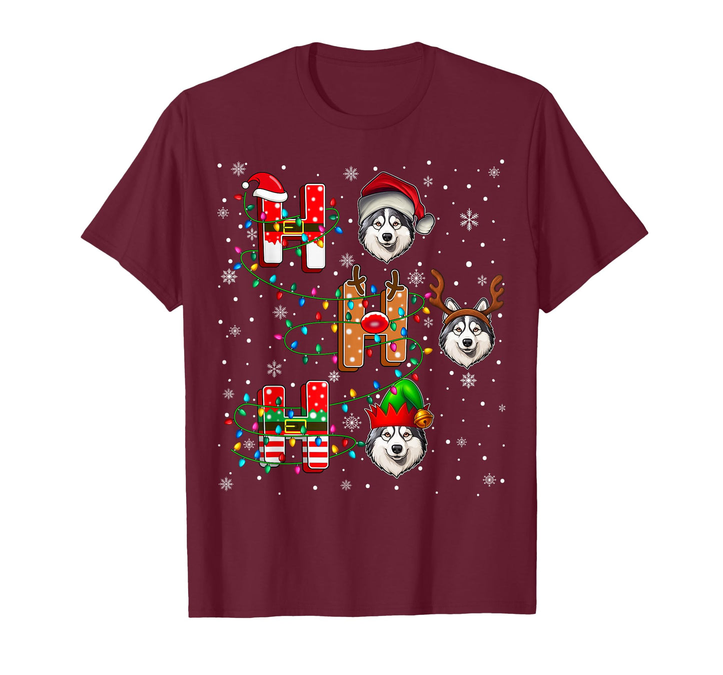 Ho Ho Ho Santa Reindeer Hat Elf Alaskan Malamute Dog Xmas T-Shirt