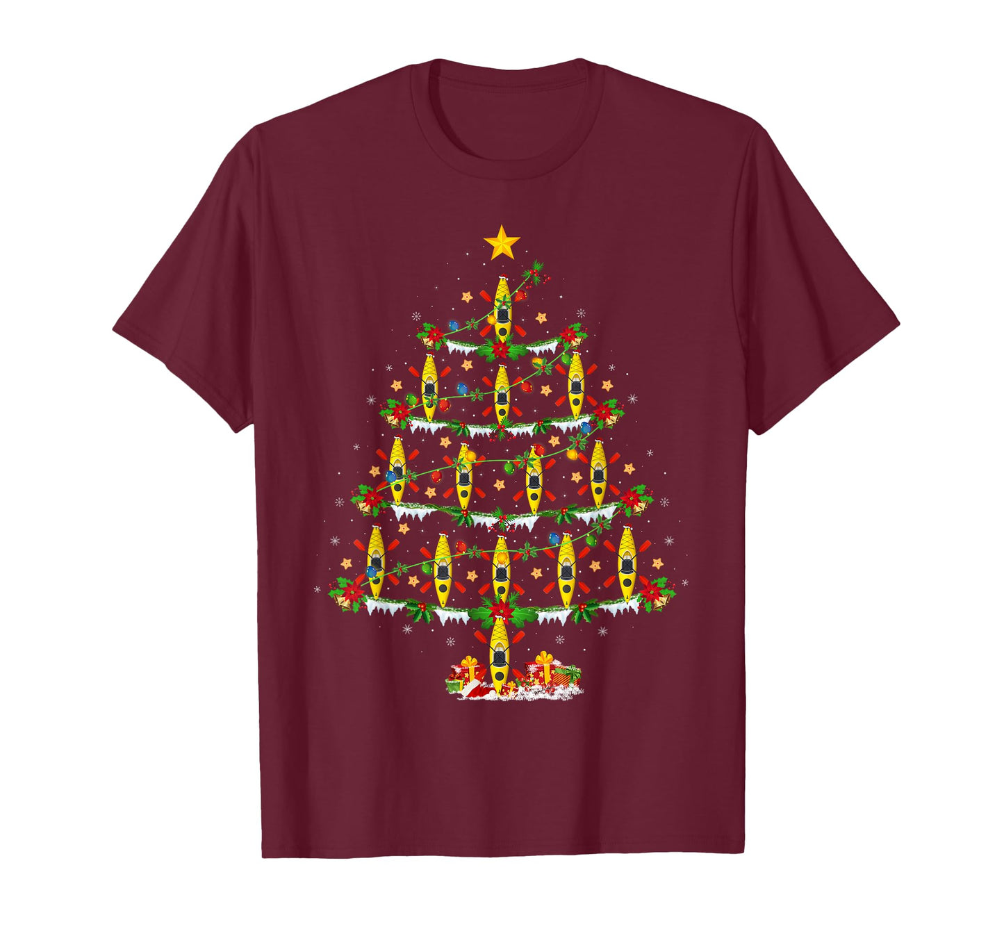 Kayak Christmas Tree Lights Funny Kayak Boat Kayaking Xmas T-Shirt