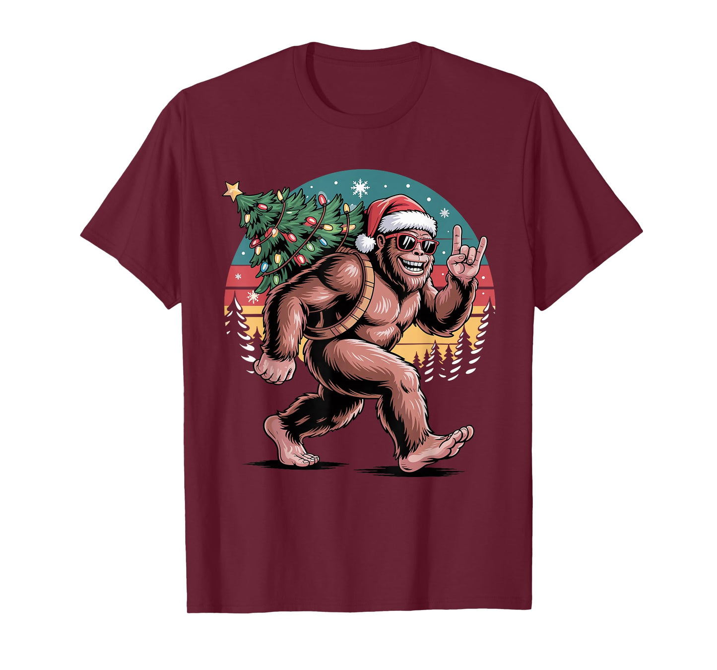 Retro Santa Bigfoot Christmas Cool Sasquatch Xmas Lights T-Shirt