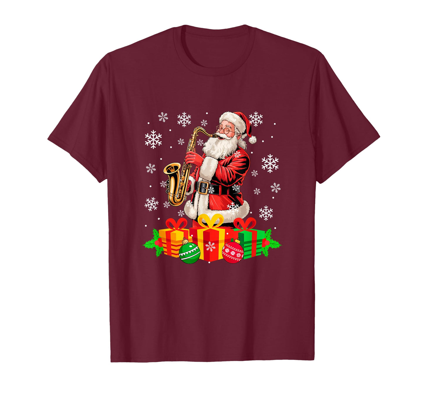 Santa Playing Saxophone Instrument Colorful Christmas Boxes T-Shirt