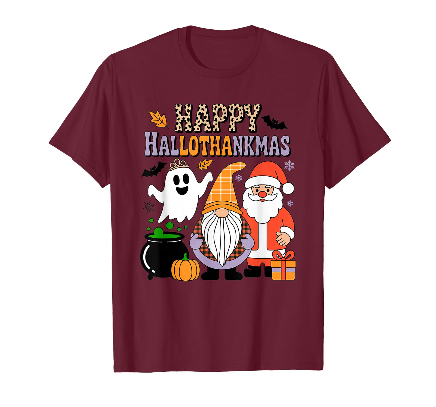 Happy Hallothankmas Cute Gnome Ghost Santa Christmas T-Shirt