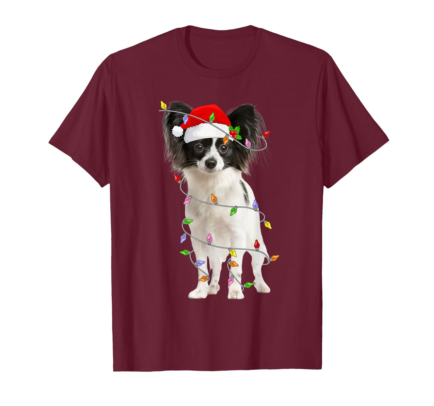 Papillon Dog Christmas Santa Hat Lights Funny Pet Dog Xmas T-Shirt