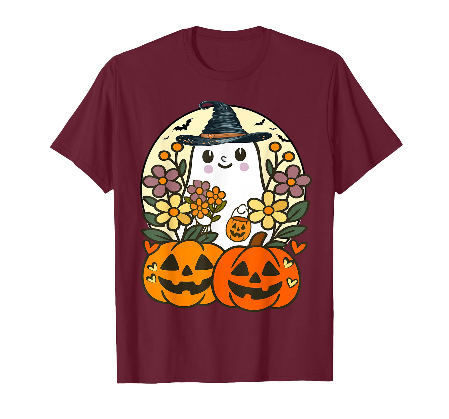 Funny Floral Ghost with Vintage Pumpkin Fall Halloween T-Shirt