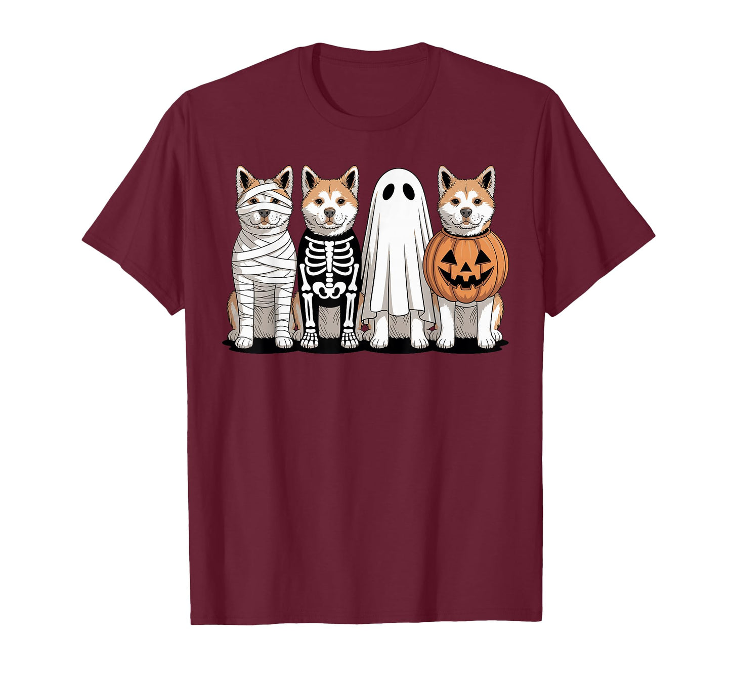 Spooky Ghost American Akita Pumpkin Halloween Dog Skeleton T-Shirt