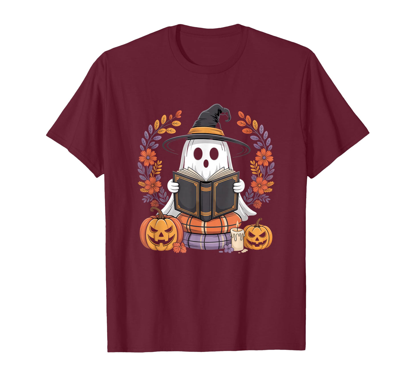 Halloween Ghost Reading Books Witch Hat Pumpkin Candle T-Shirt