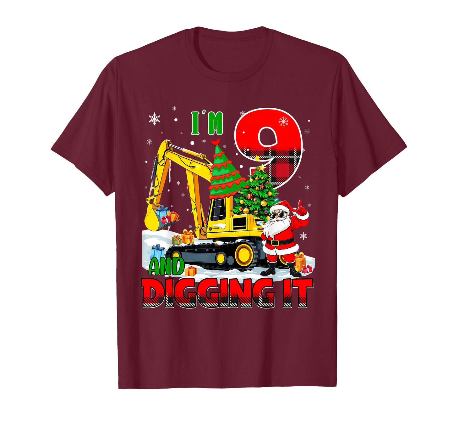 I'm 9 Construction 9th Birthday Kid Boy Xmas Excavator Santa T-Shirt