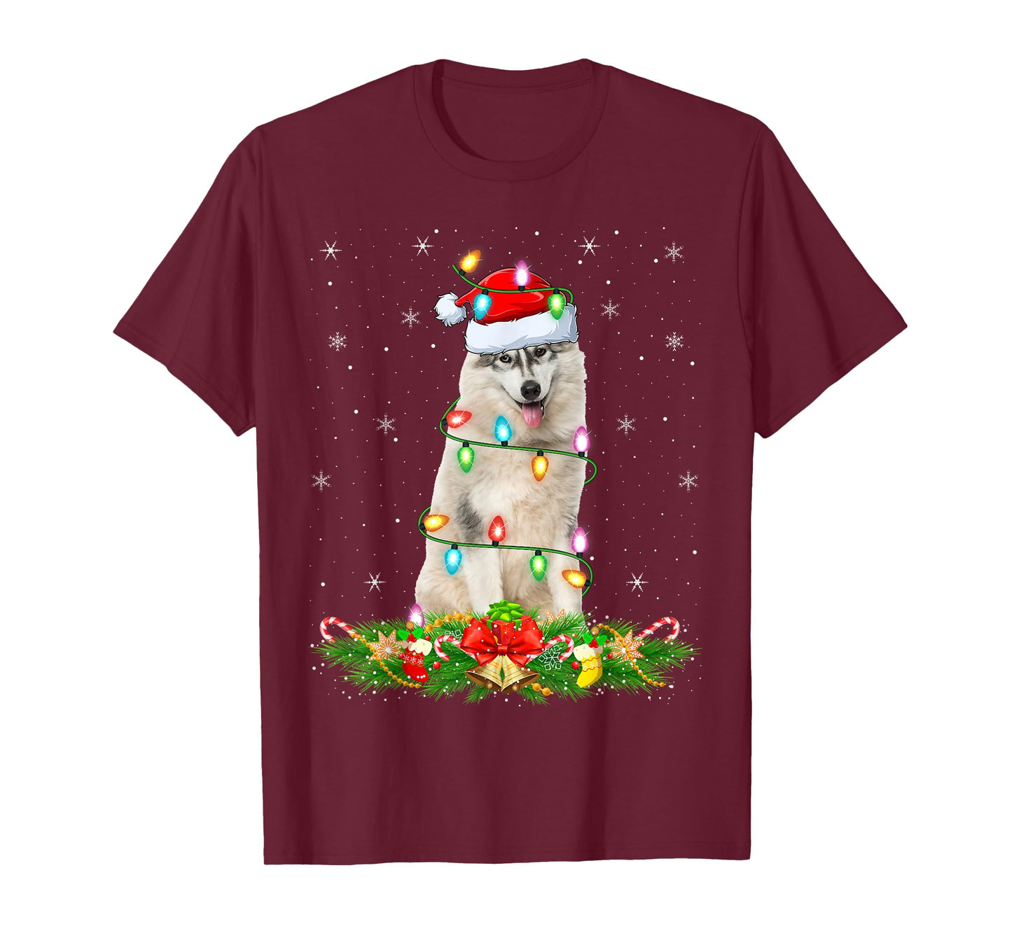 Alaskan Malamute Dog Christmas Lights Funny Santa Hat Xmas T-Shirt
