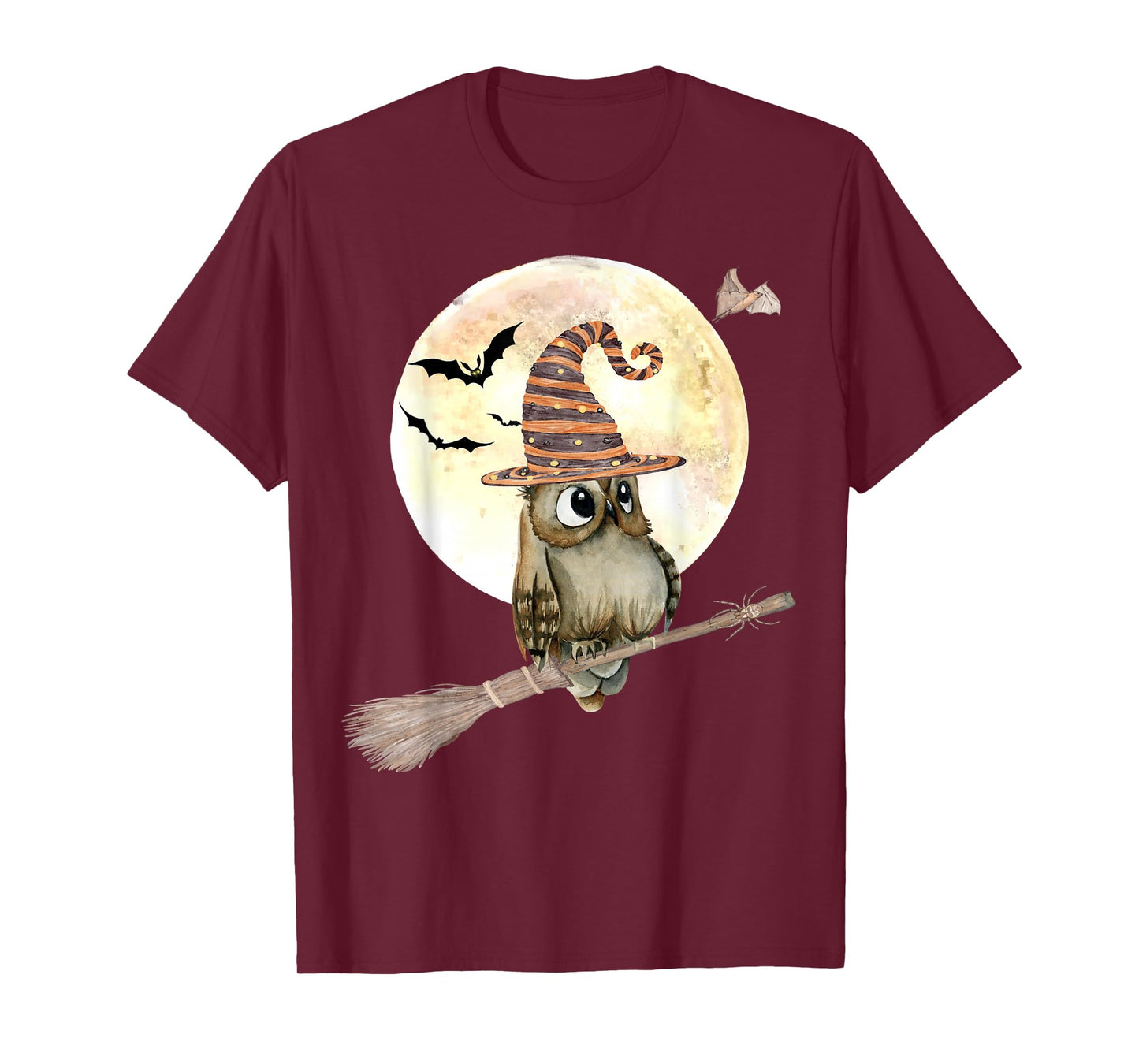 Halloween Owl with Witch Broom Hat Bat Full Moon Spooky Owl T-Shirt