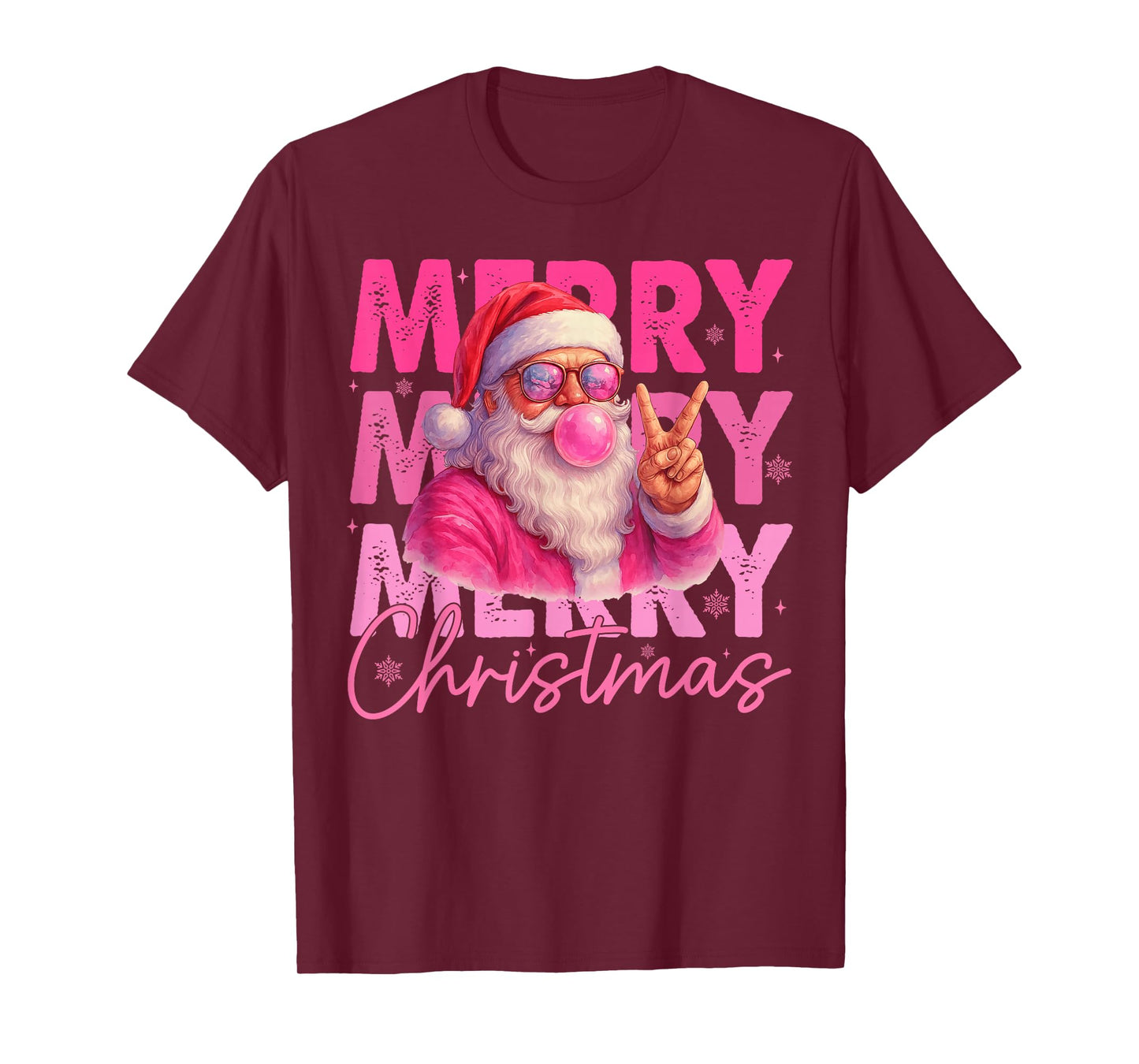 Mery Christmas Santa Claus Blowing Bubble Gum Pink Glasses T-Shirt