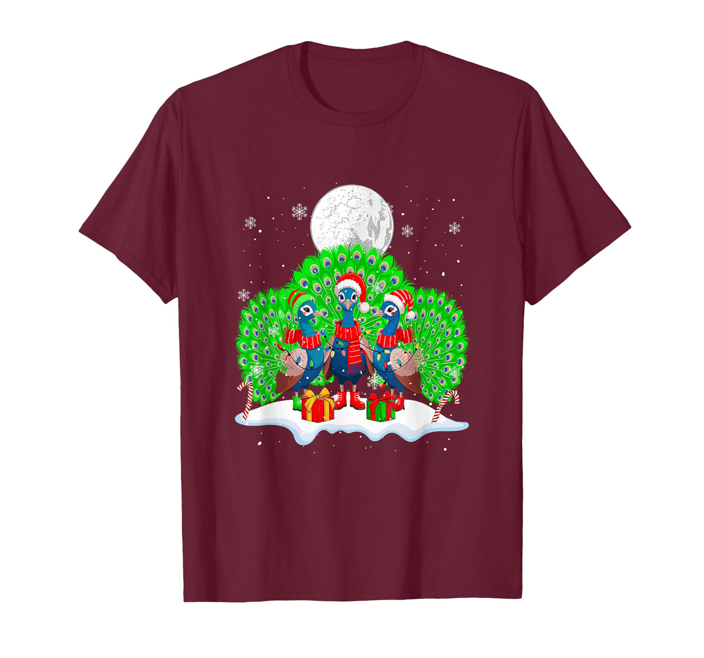 Three Santa Peacocks Christmas Snow Colorful Lights Lover T-Shirt