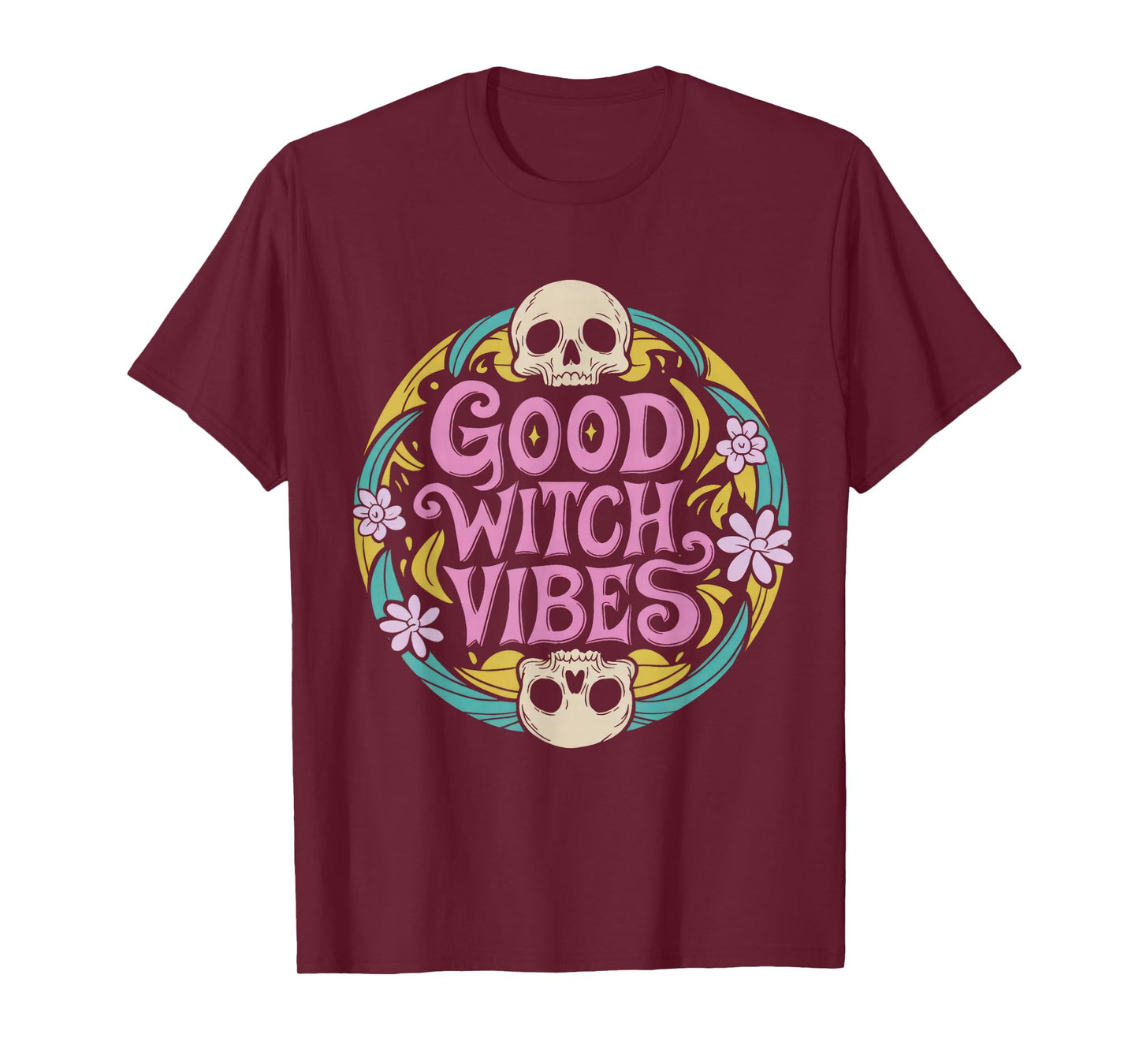 Cuet Retro Good Witch Vibes Vintage 70s Skull Floral Witchy T-Shirt