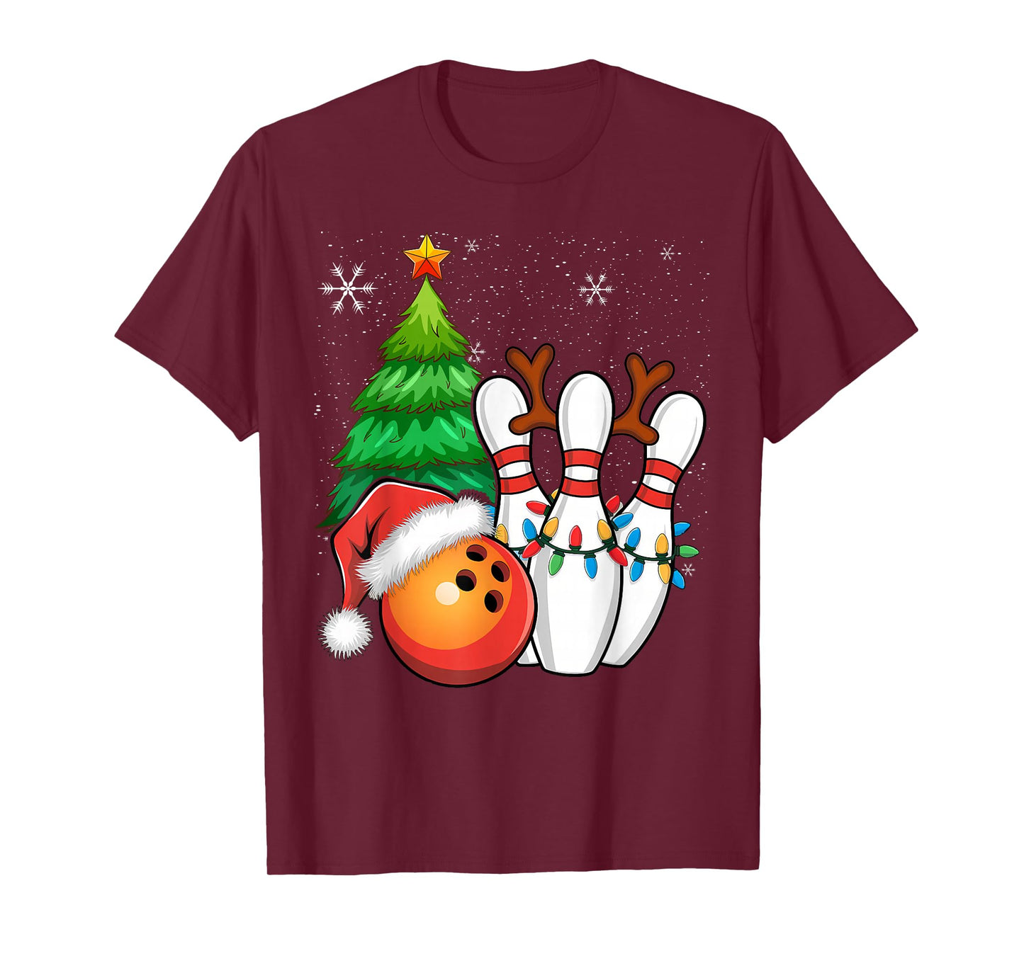 Ball Antlers Christmas Bowling Pins Santa Hat T-Shirt
