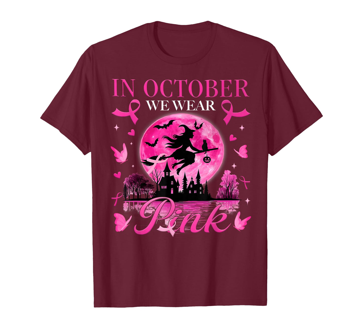 in October We Wear Pink Ribbon Witch Halloween Breast Cancer T-Shirt