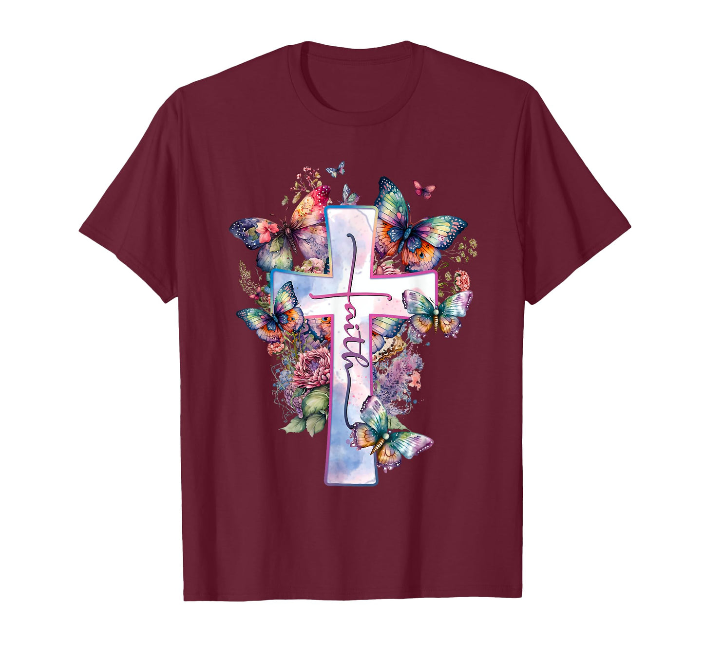 Faith-Cross Floral Butterflies Christ Flowers Religious T-Shirt