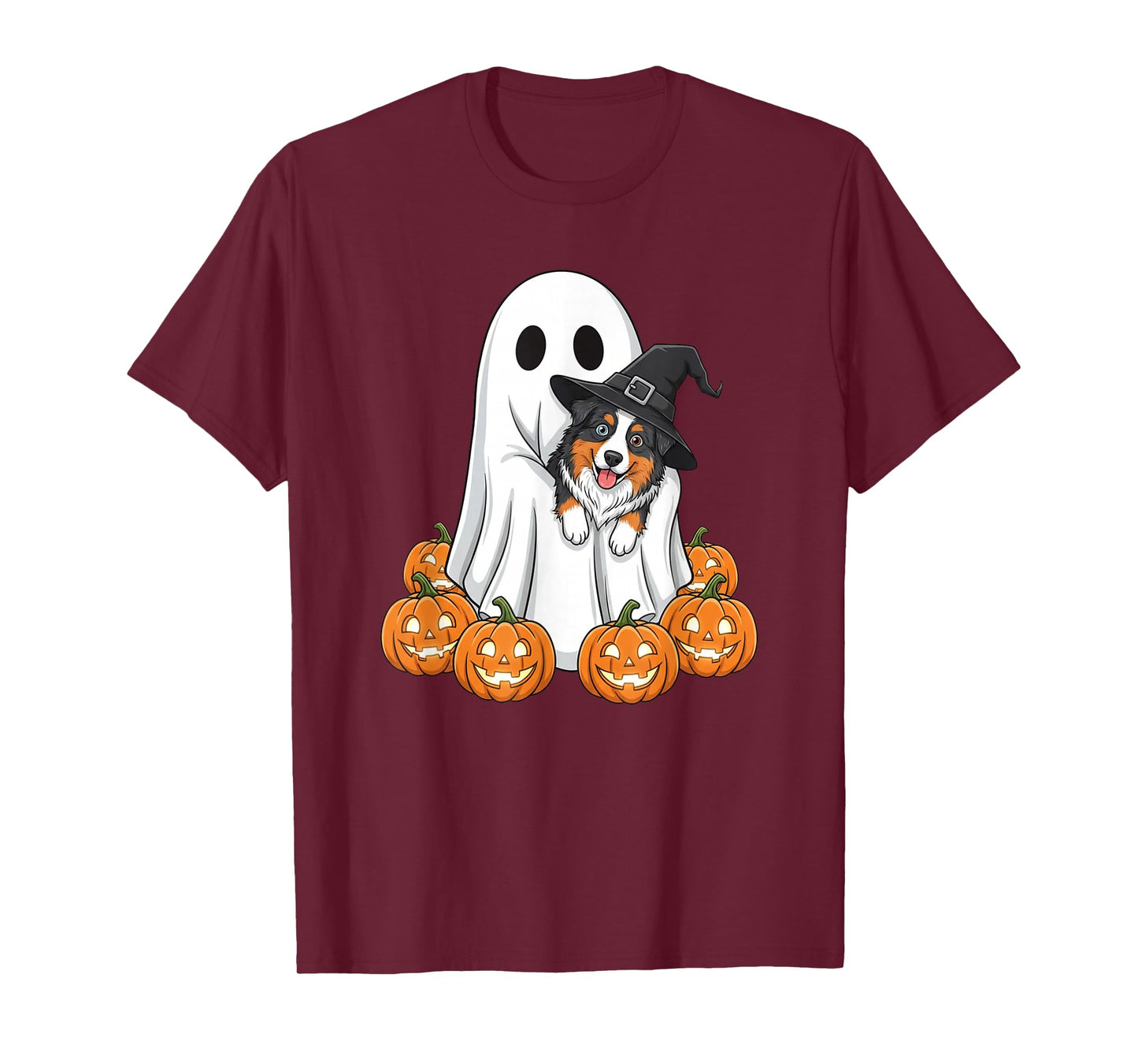 Ghost Australian Shepherd Pumpkin Halloween Kids Mens Womens T-Shirt
