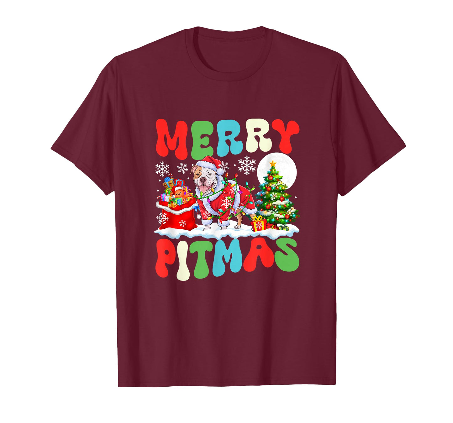 Merry Pitmas Christmas Santa Pit Bull Colorful Costume Owner T-Shirt