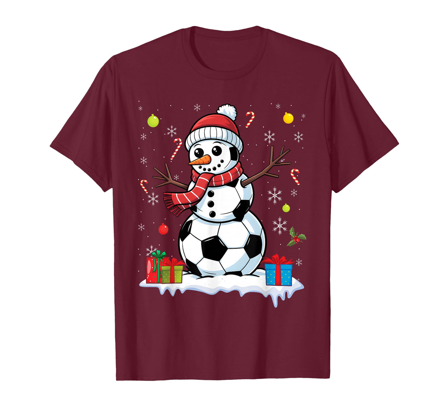 Snowman Soccer Ball Christmas Santa Boys Kids T-Shirt