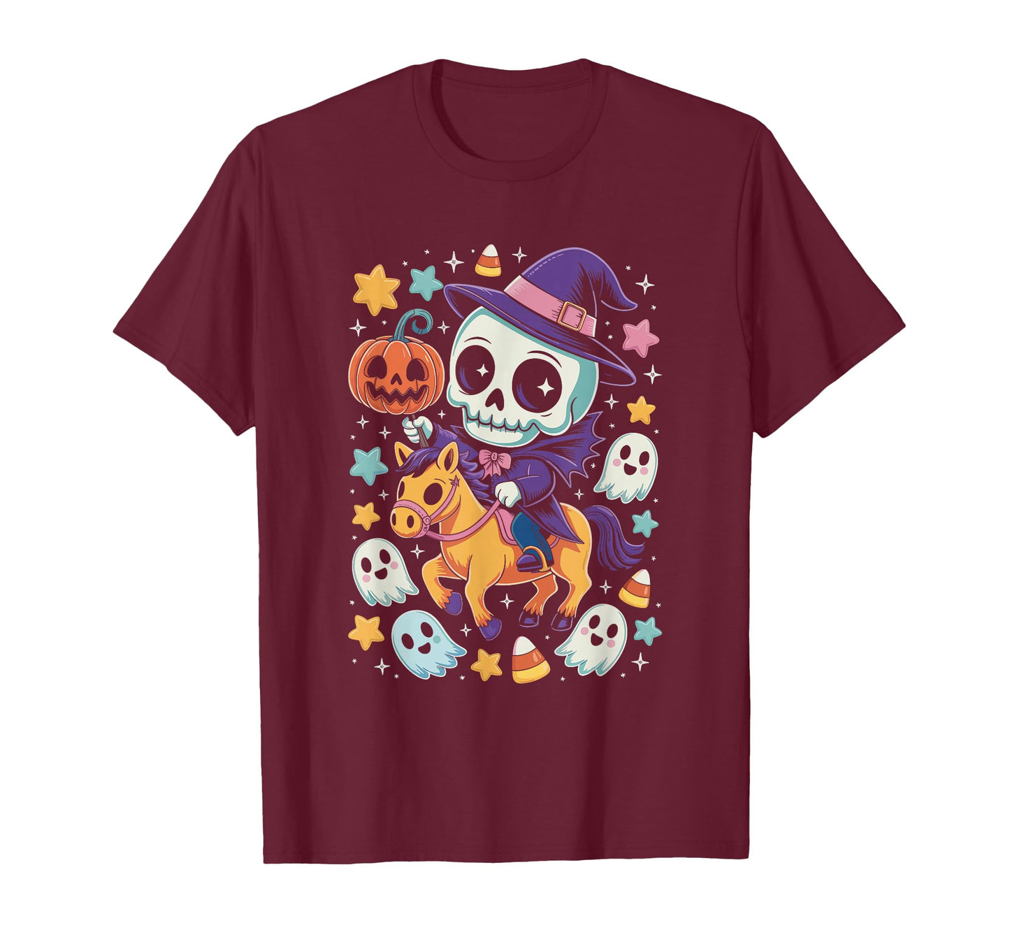 Headless Skeleton Rider Pumpkin Witch Hat Horse Halloween T-Shirt