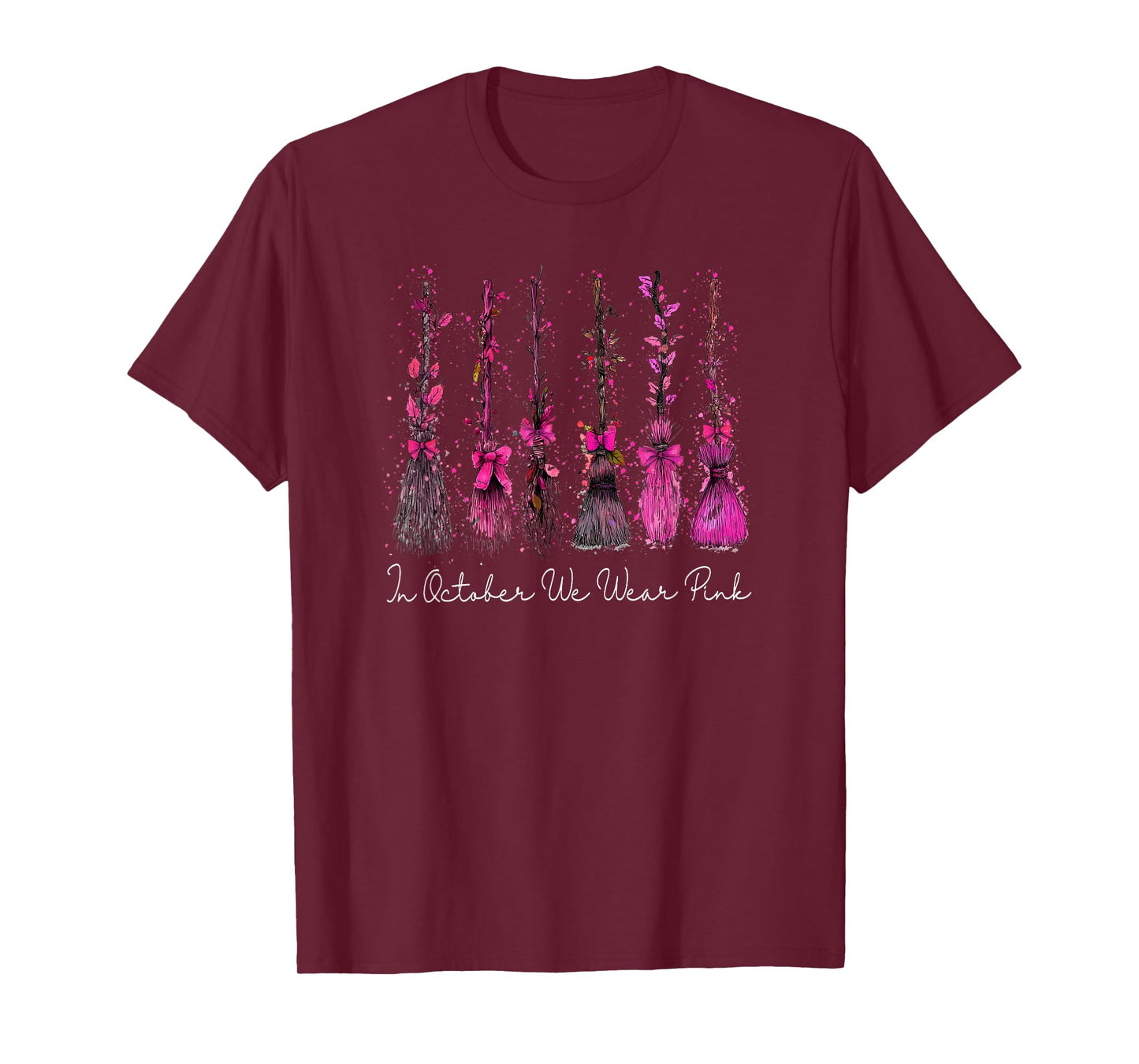 in October We Wear Pink Witches Brooms Spooky Breast Cancer T-Shirt