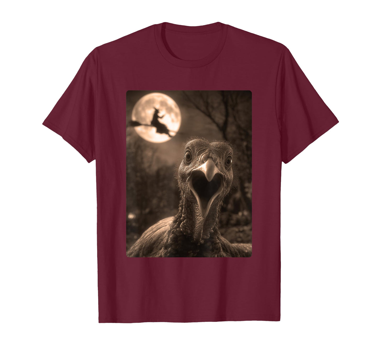Funny Turkey Selfie Full Moon Flying Witch Forest Halloween T-Shirt