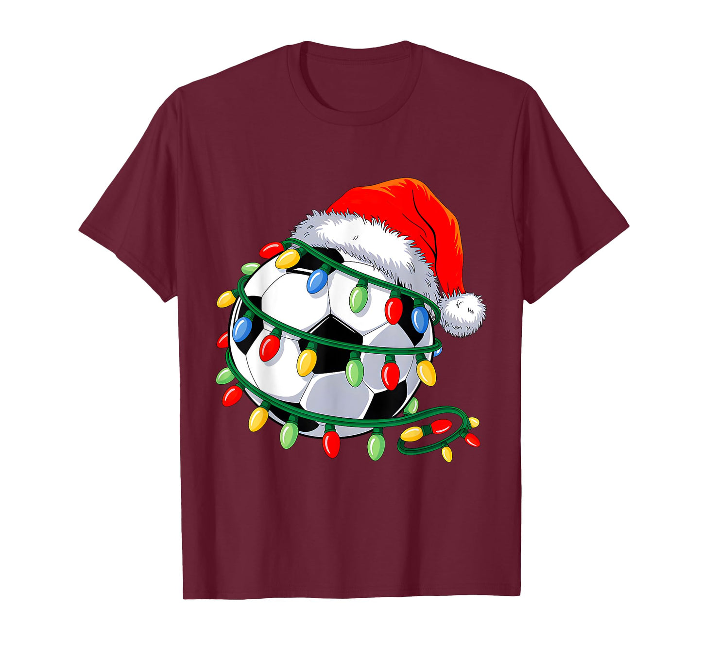 Soccer Ball Santa Hat Men Women Christmas Soccer Xmas Lights T-Shirt