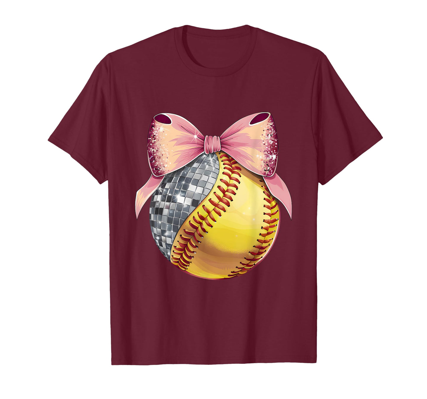 Cute Coquette Bow Disco Ball Softball Player Game Day Mom T-Shirt