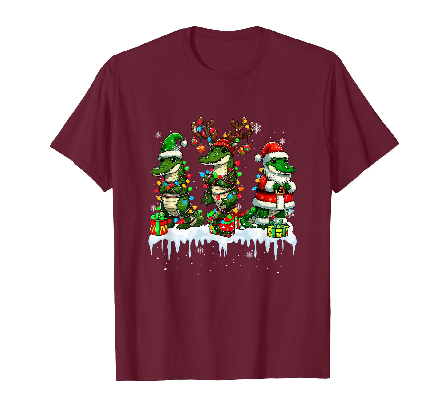 Three Santa Reindeer Elf Crocodiles Xmas Colorful Lights T-Shirt