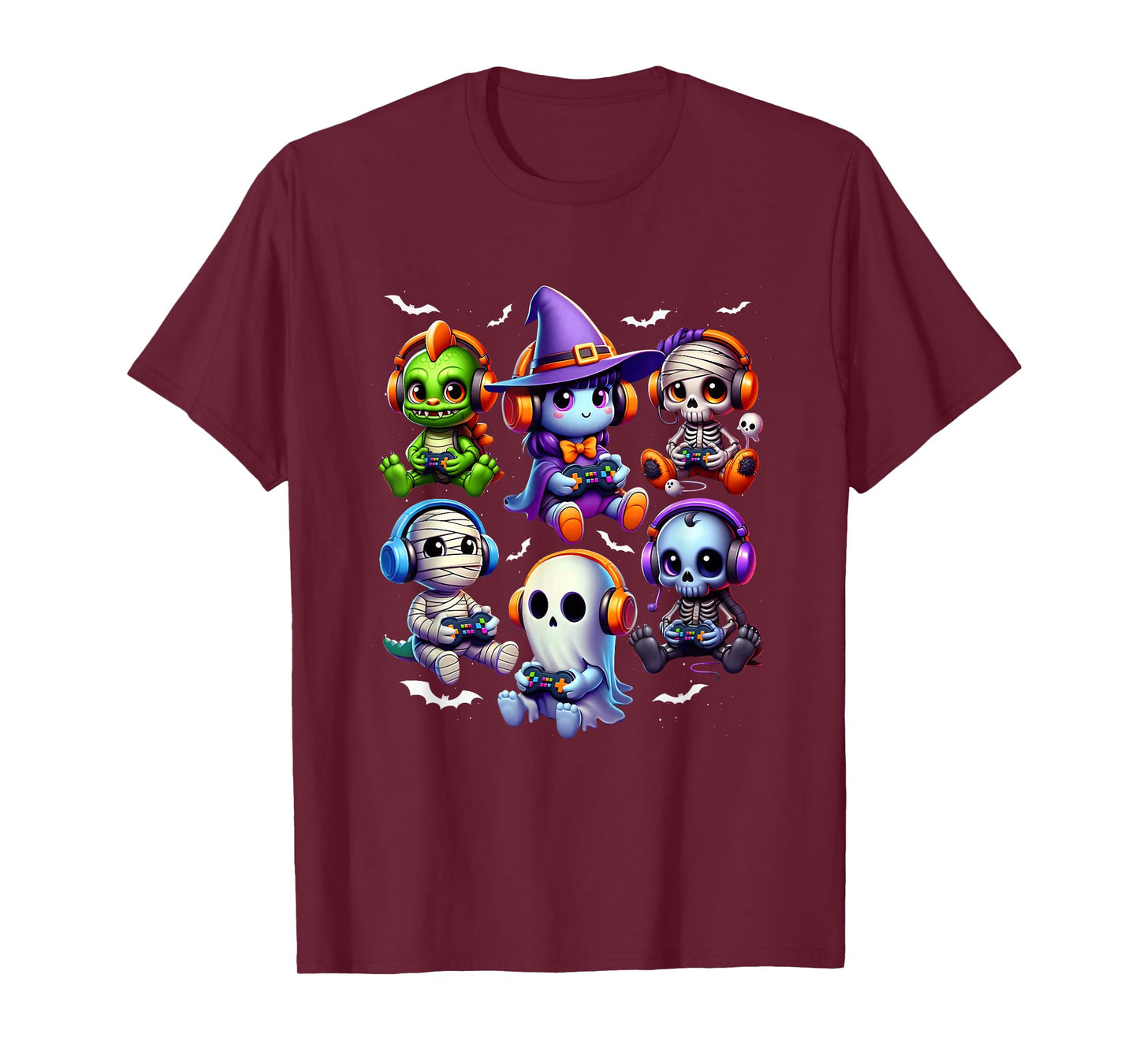 Halloween Themed Gamer Kids with Dinosaur Skeleton Witch Fun T-Shirt
