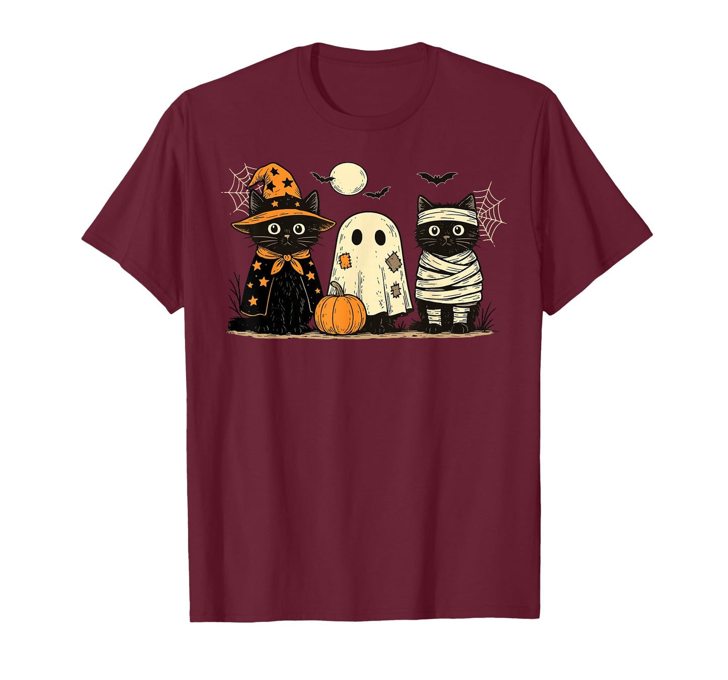 Retro Black Cat Witch Scary Halloween Pumpkin Women Men Kids T-Shirt