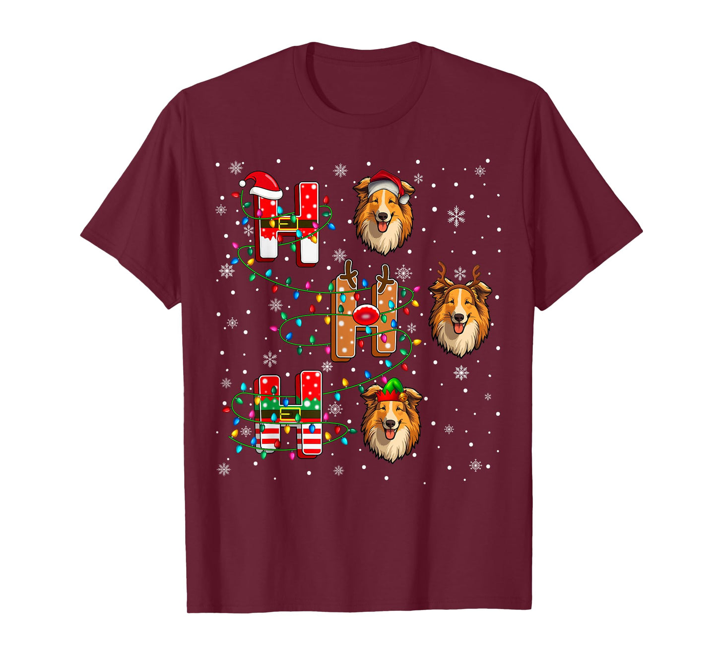 Ho Ho Ho Santa Reindeer Elf Matching Rough Collie Dog Xmas T-Shirt