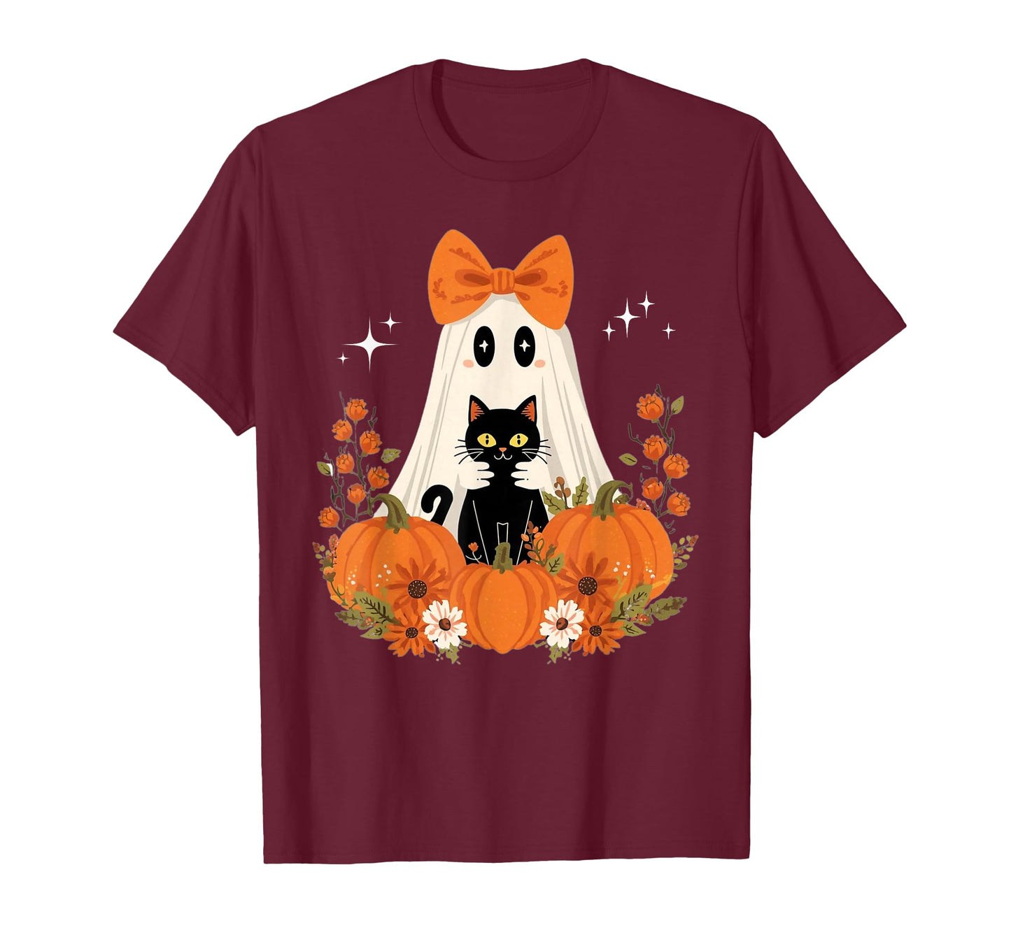 Vintage Halloween Ghost Holding Cat Groovy Floral Cat Meme T-Shirt