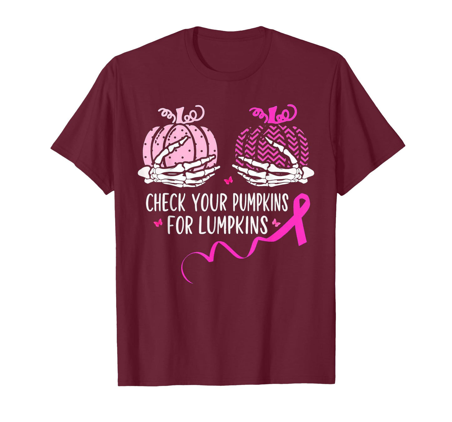 Skeleton Check Your Pumpkins Pink Breast Cancer Awareness T-Shirt
