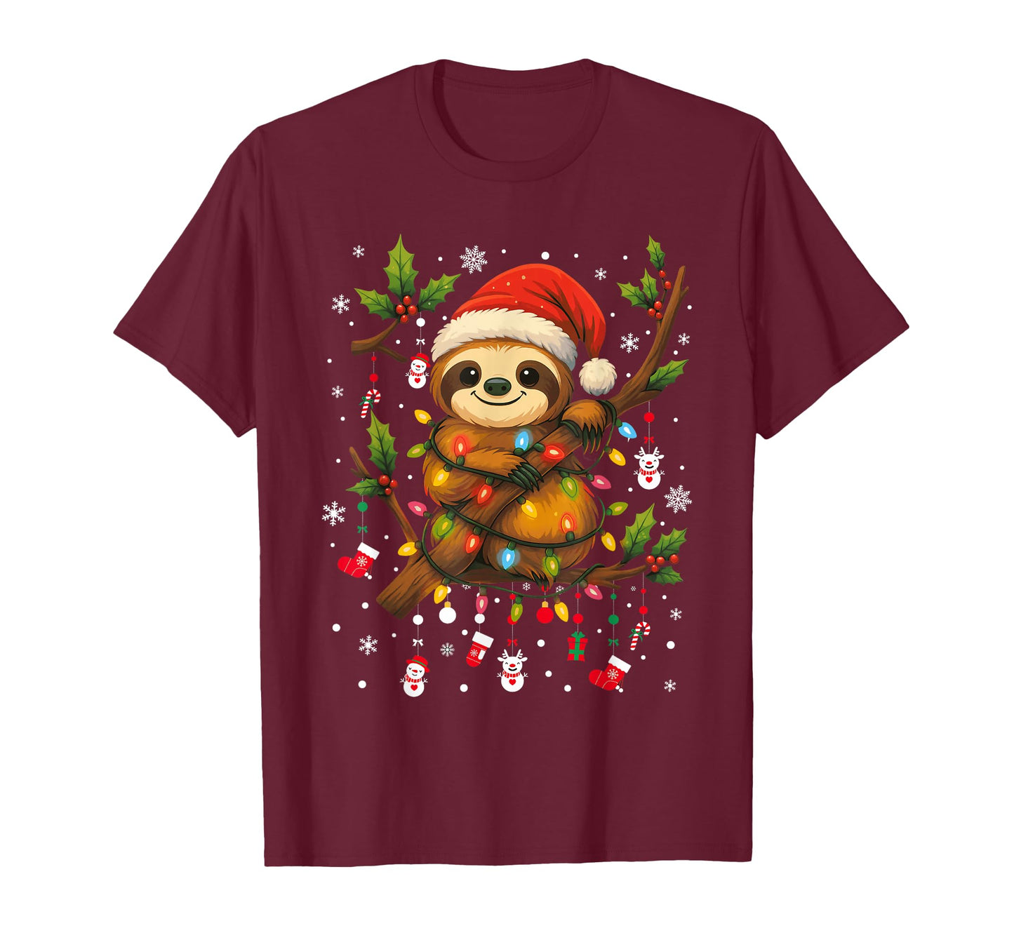 Sloths Christmas Santa Hat Xmas Lights Gifts Men Boys Kids T-Shirt