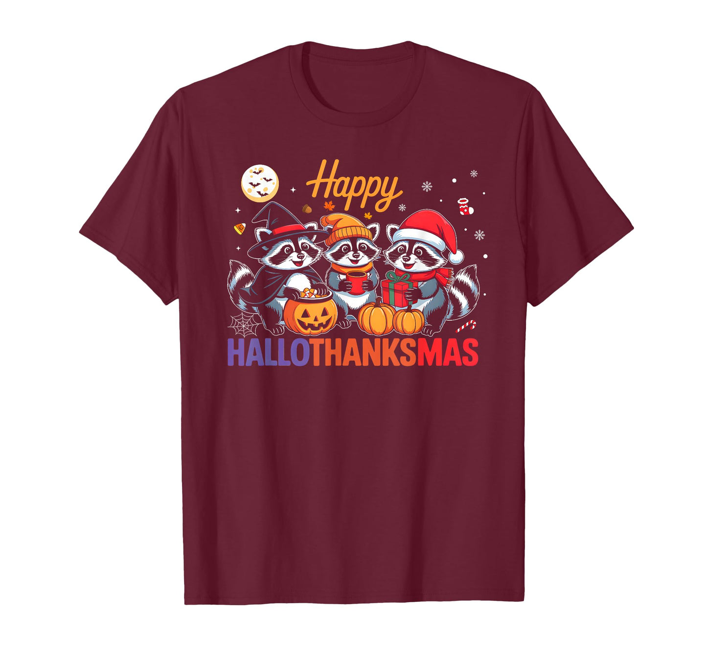 Happy HalloThanksMas Raccon Halloween Thanksgiving Christmas T-Shirt