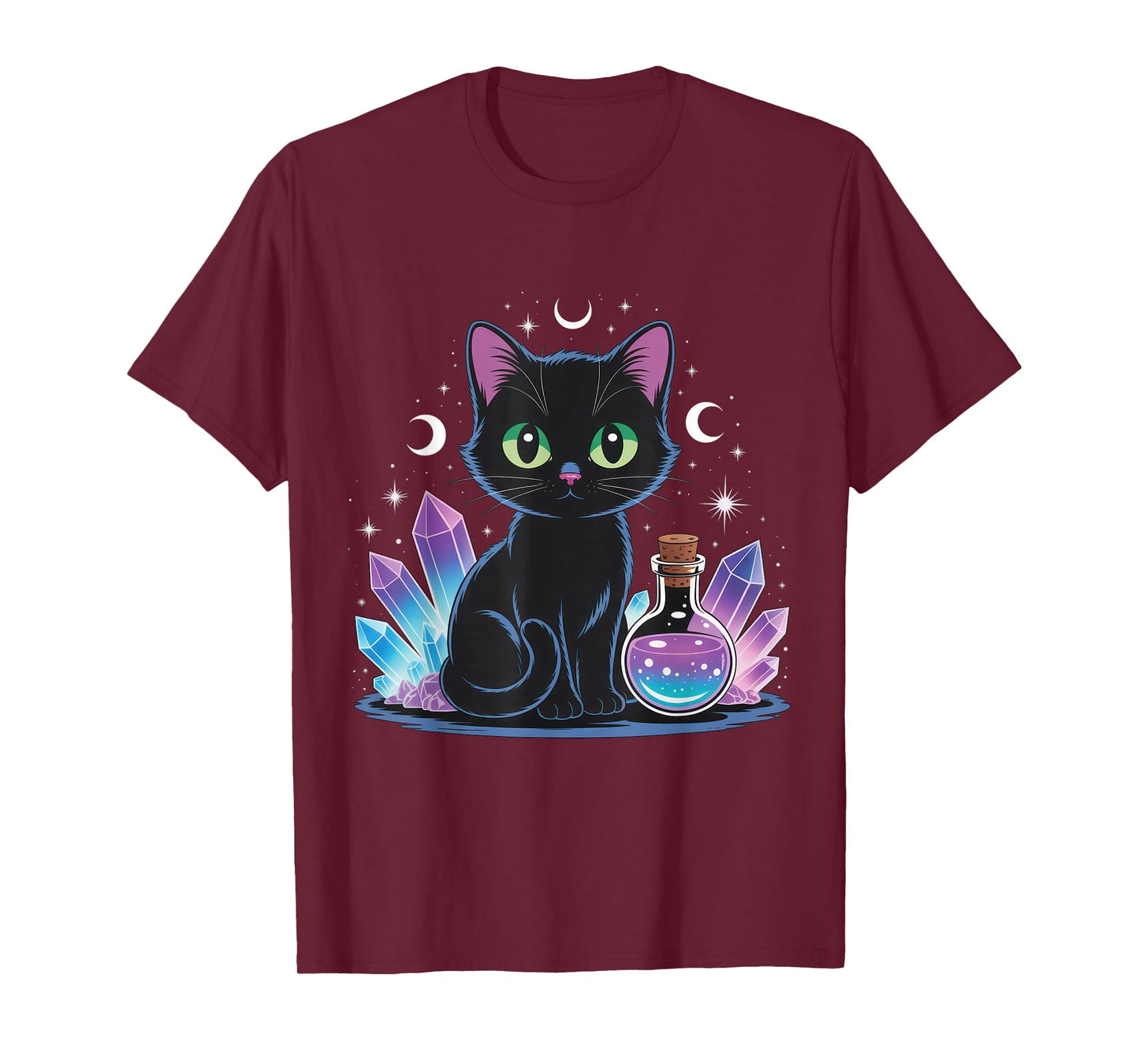 Black Cat Crystals Potion Bottle Moon Mystic Witchy Vibes T-Shirt