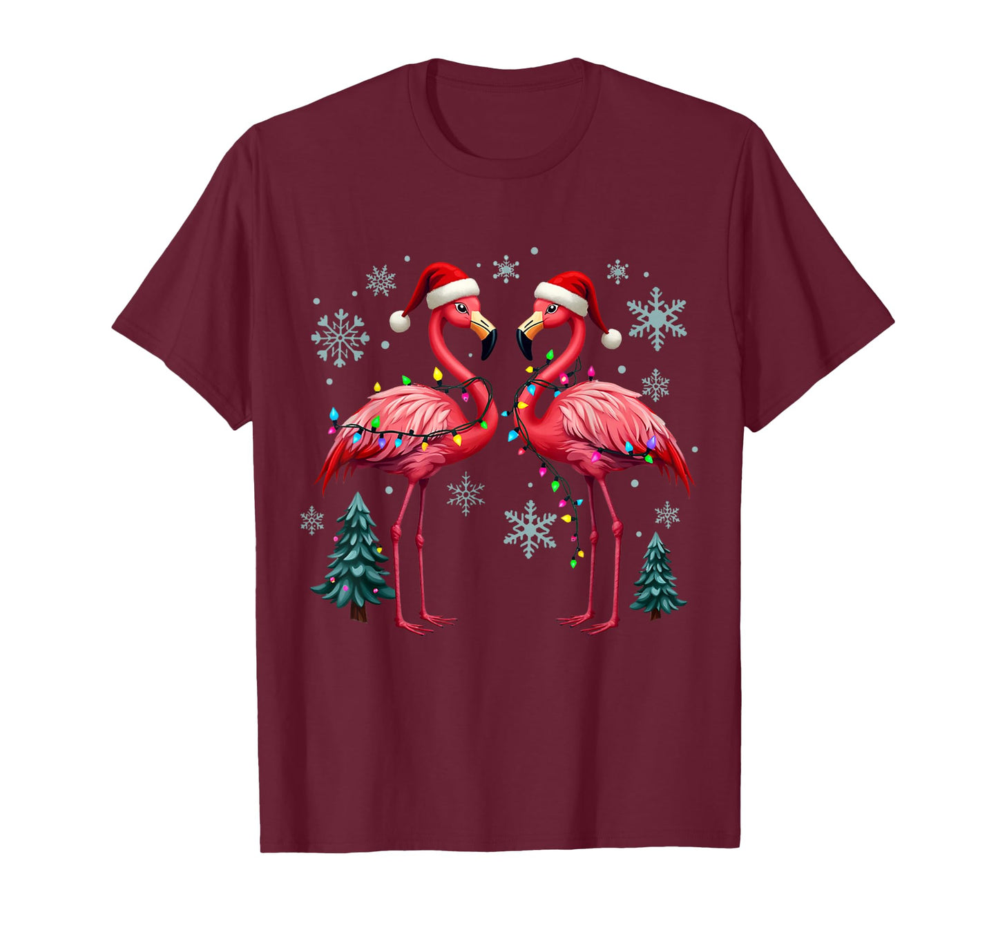 Pink Flamingo Santa Hat Christmas Tree Lights Flamingo Lover T-Shirt