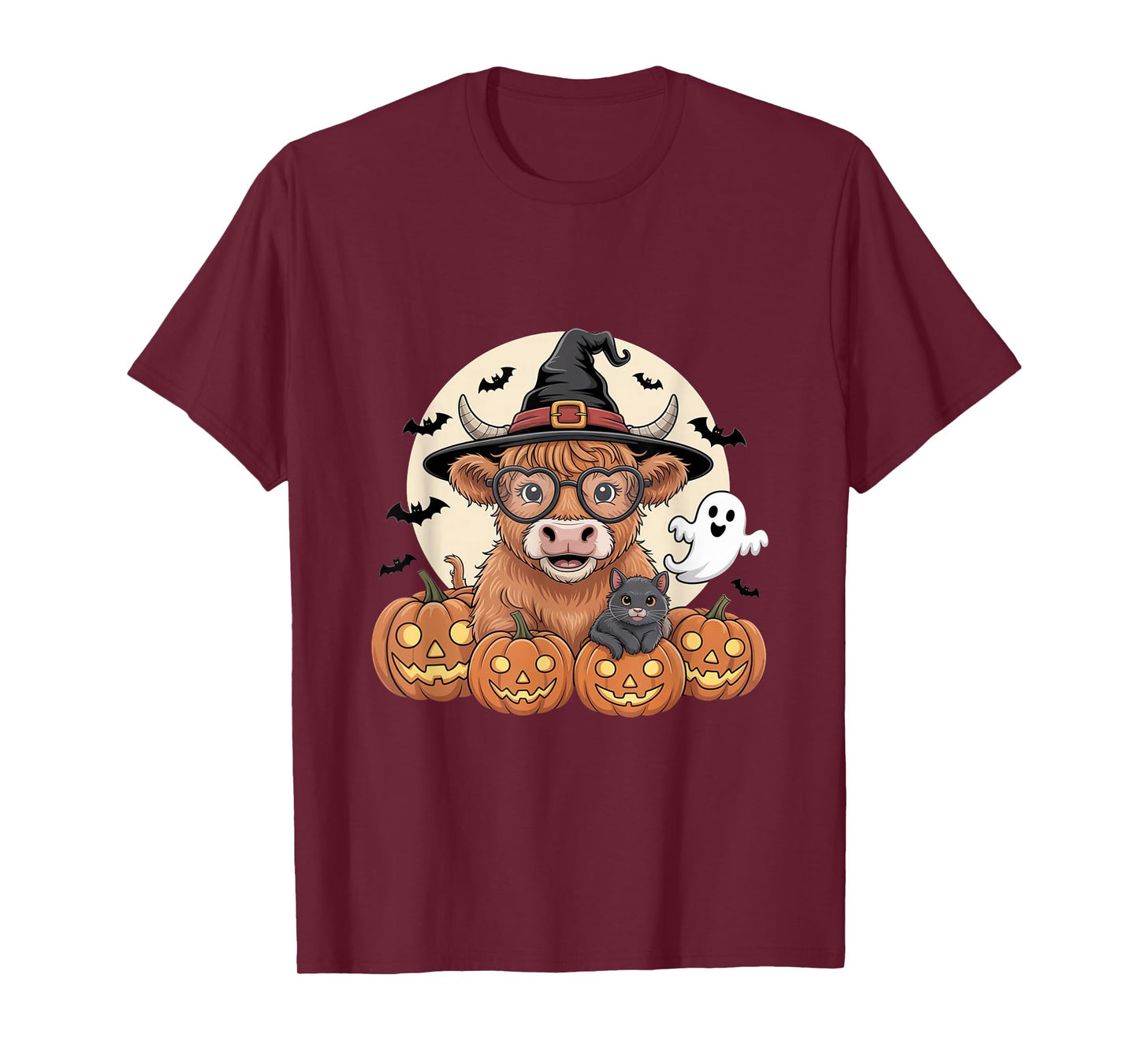 Cute Highland Cow Witch Halloween Pumpkin Black Cat Ghost T-Shirt