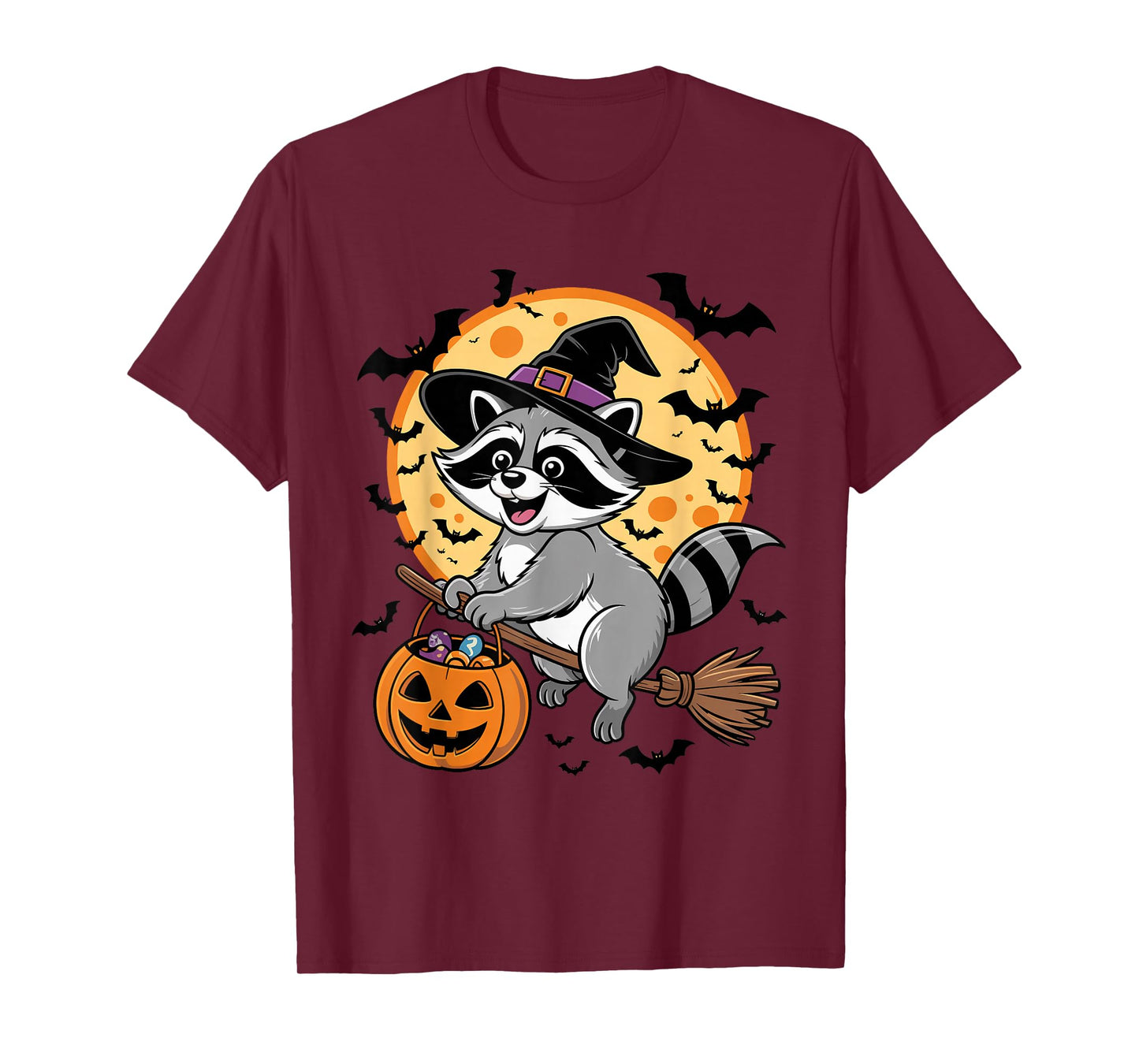 Cute Raccoon Witch Riding Broom Halloween Pumpkin Kids Boys T-Shirt