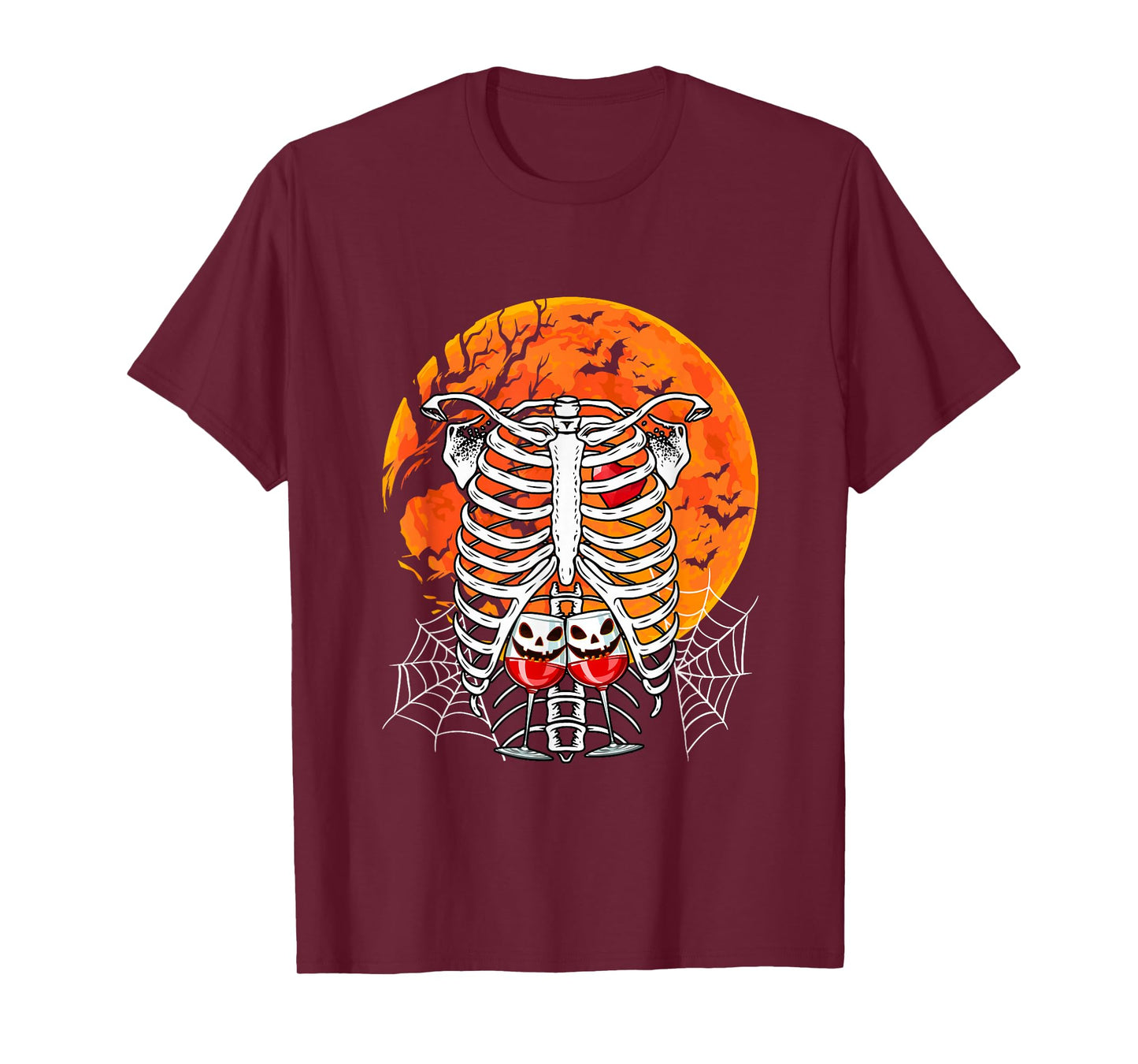 Horror Wine Glasses Inside Rib Cage X-ray Skeleton Halloween T-Shirt