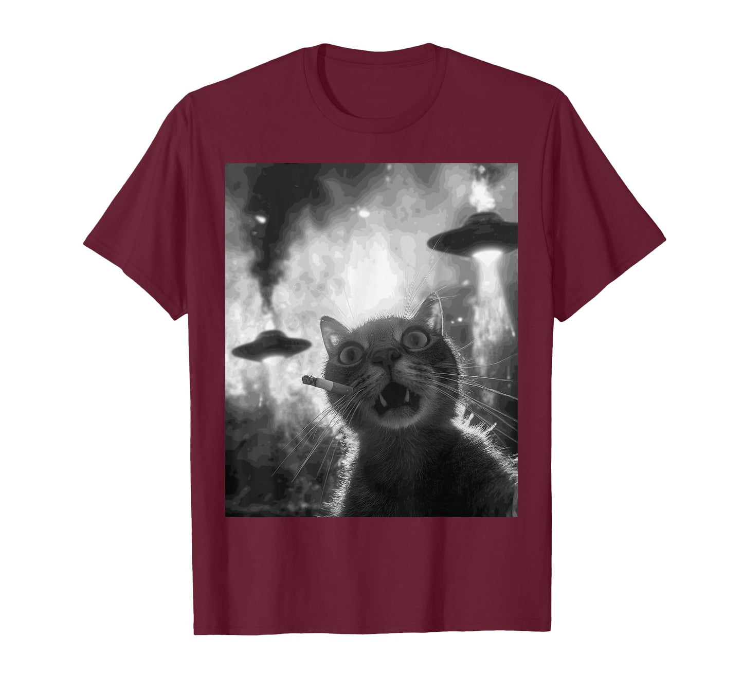 Funny Graphic Cat Smoking UFOs Funny T-Shirt