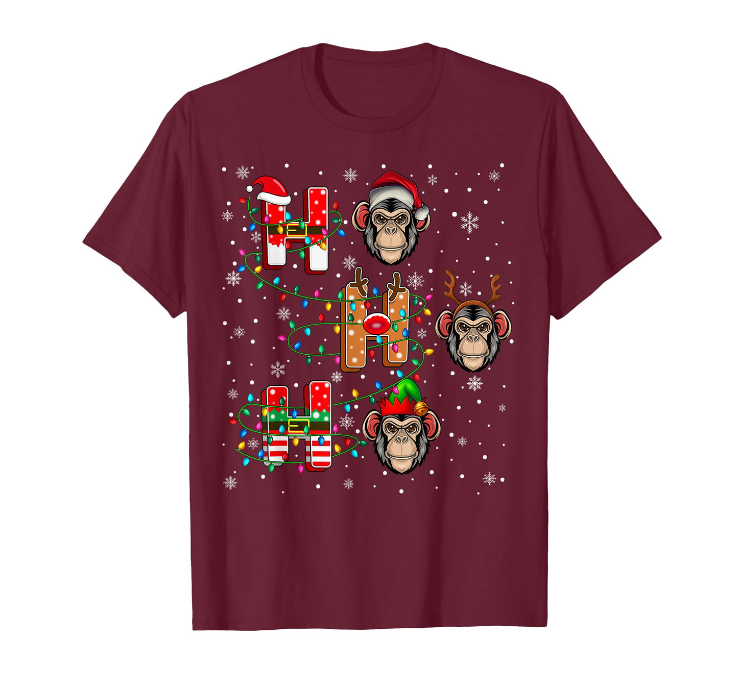Ho Ho Ho Santa Reindeer Hat Elf Chimpanzee Animal Christmas T-Shirt