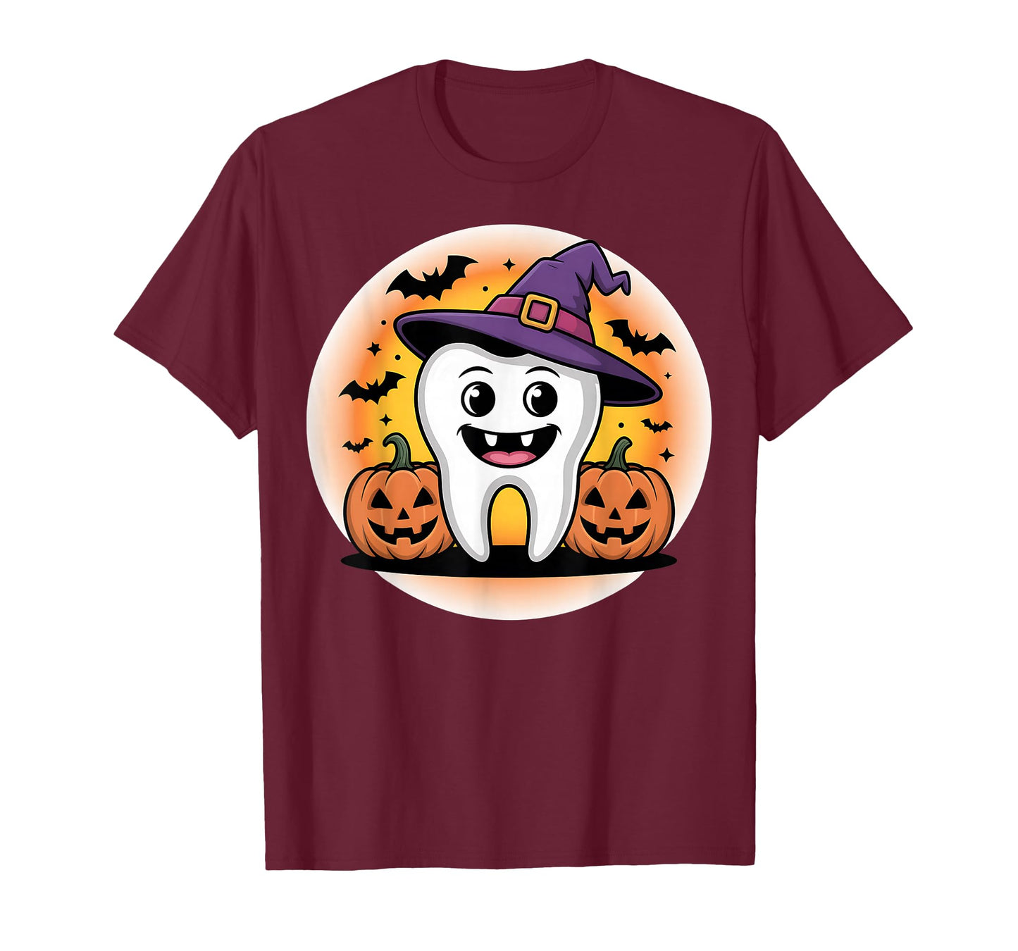 Halloween Tooth with Witch Hat and Pumpkins Design T-Shirt