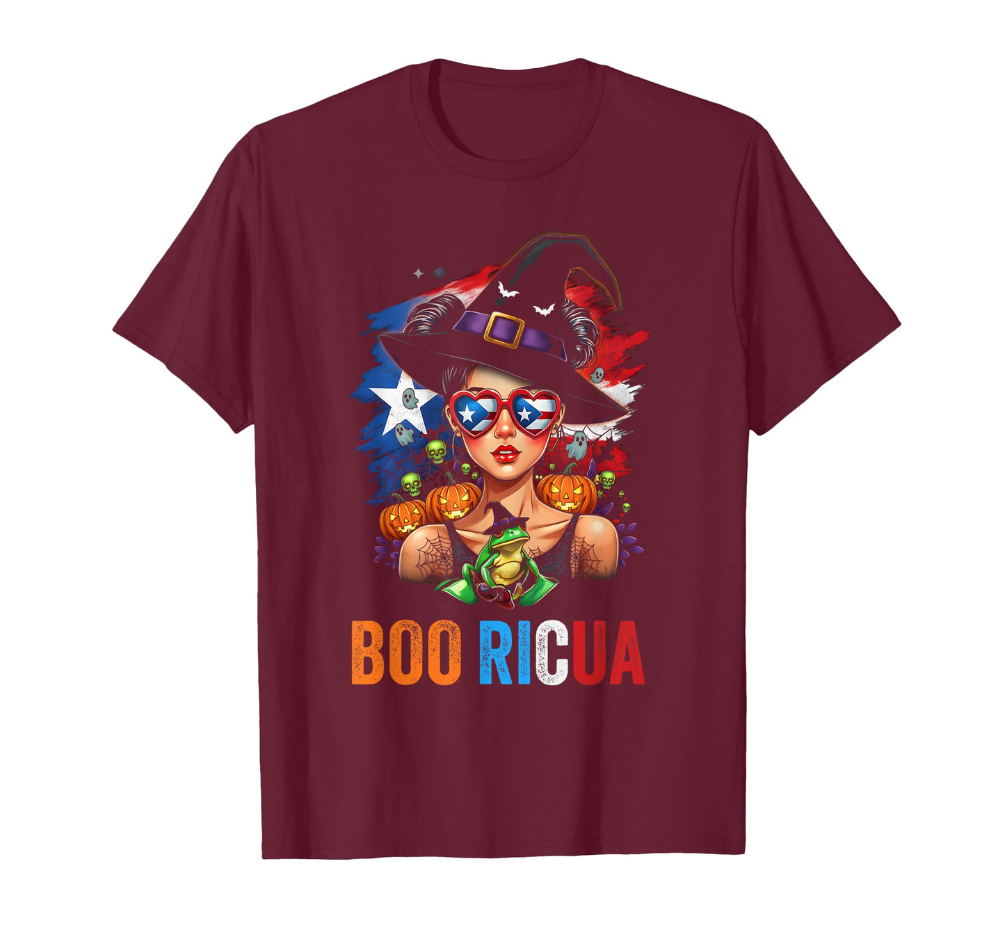 Puerto Rico Boo Ricua Halloween Witch and Frog Design T-Shirt