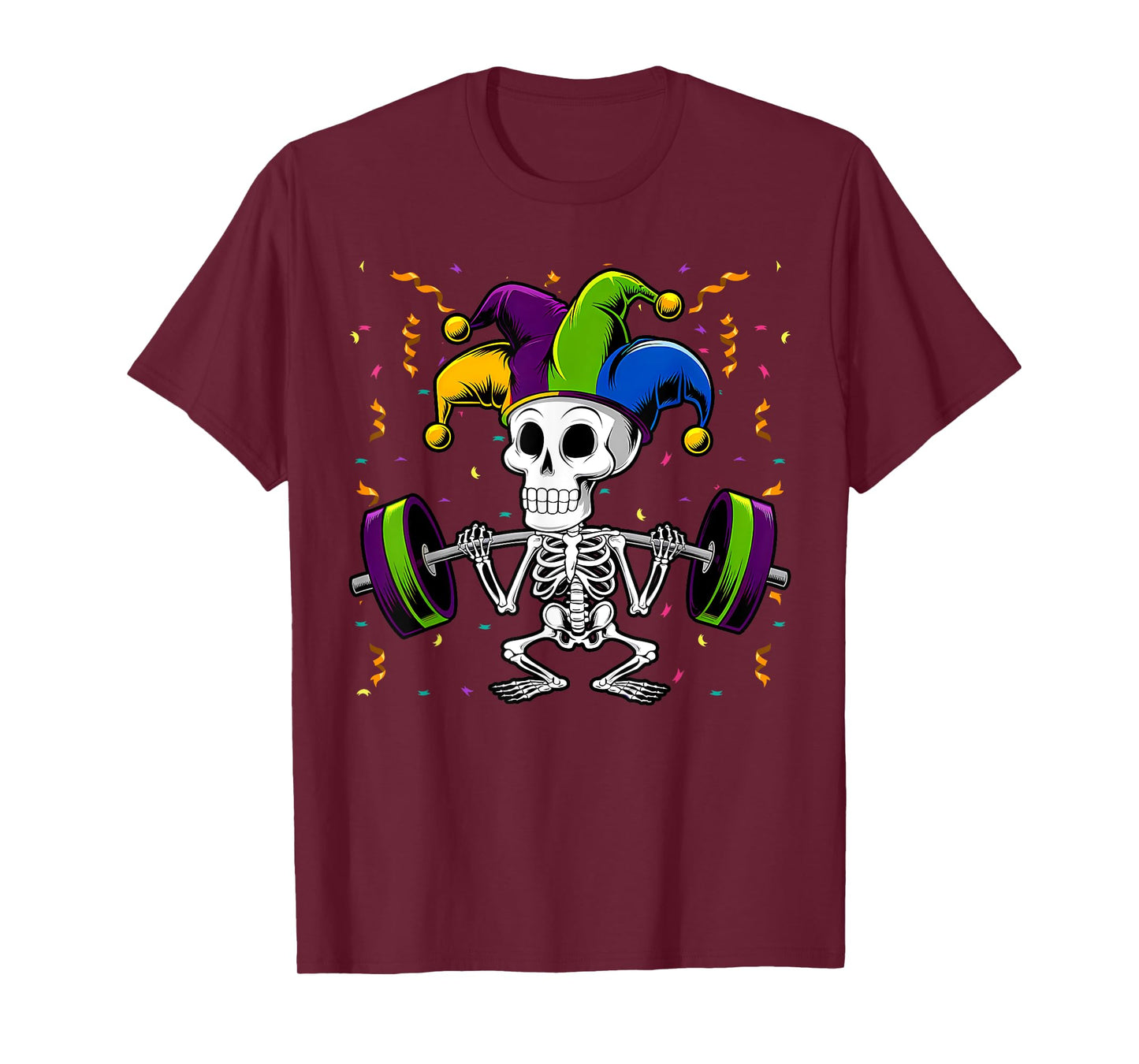 Jester Skeleton Deadlift Mardi Gras Gym Weight-Lifting T-Shirt