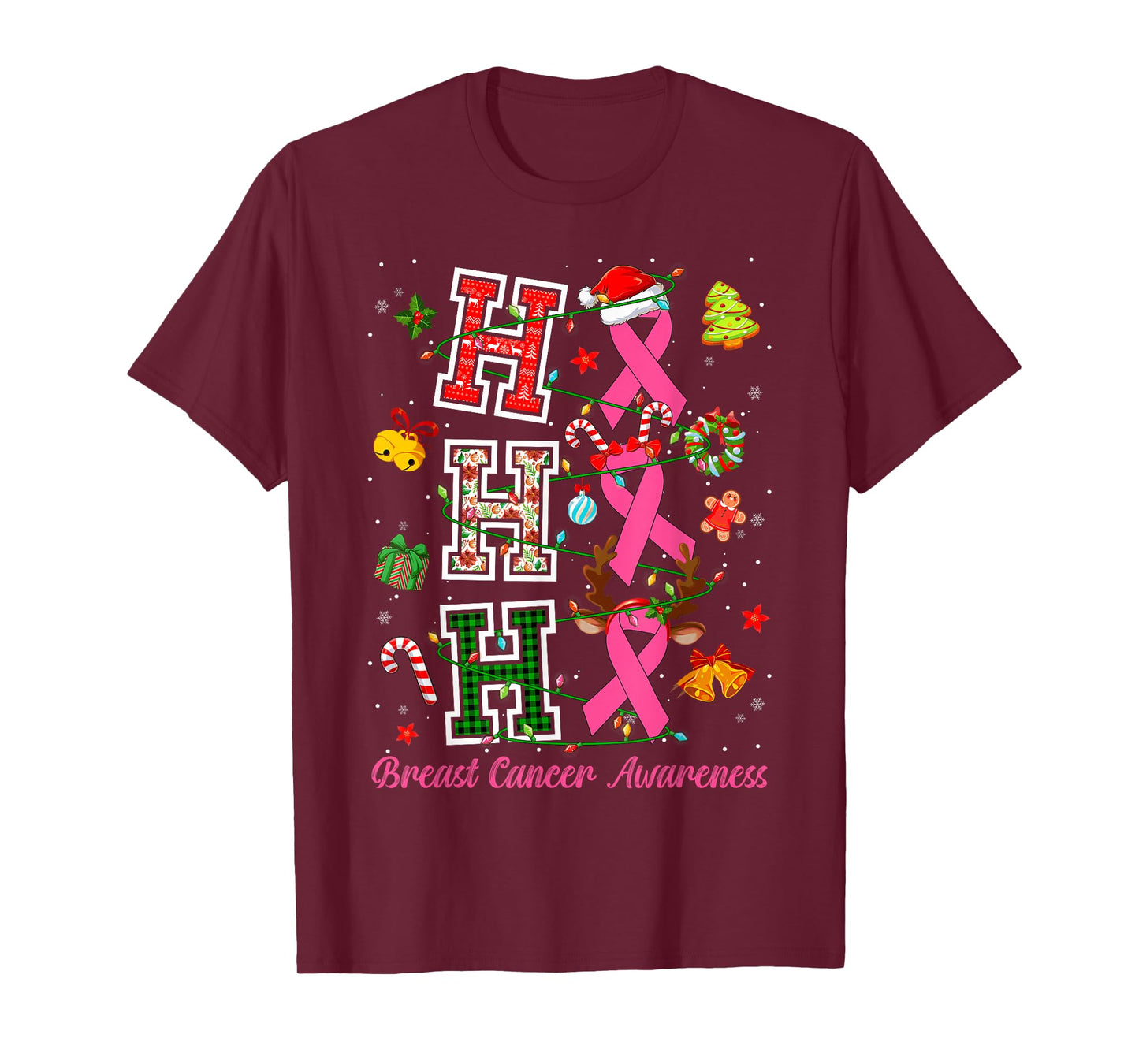 HoHoHo Pink Ribbon Santa Hat Christmas Lights Breast Cancer T-Shirt
