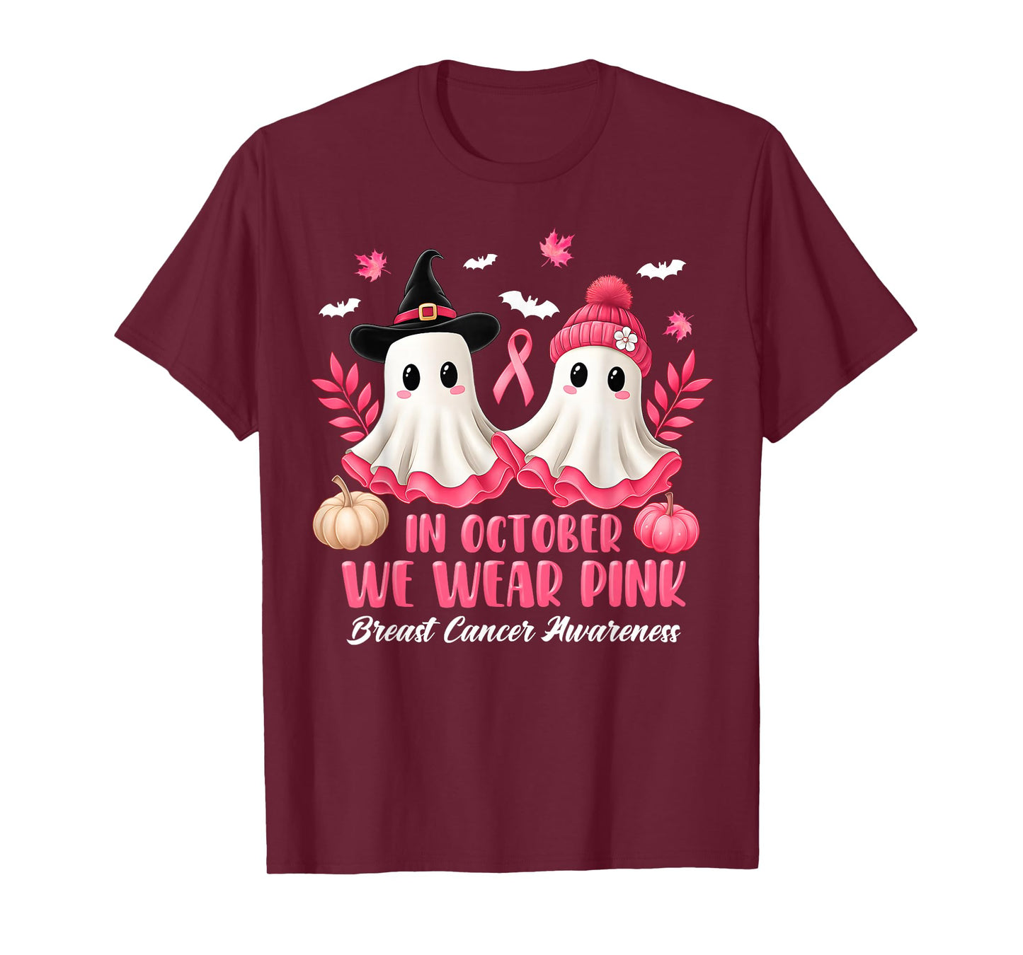 in October We Wear Pink Ghost Witch Breast Cancer Awareness T-Shirt