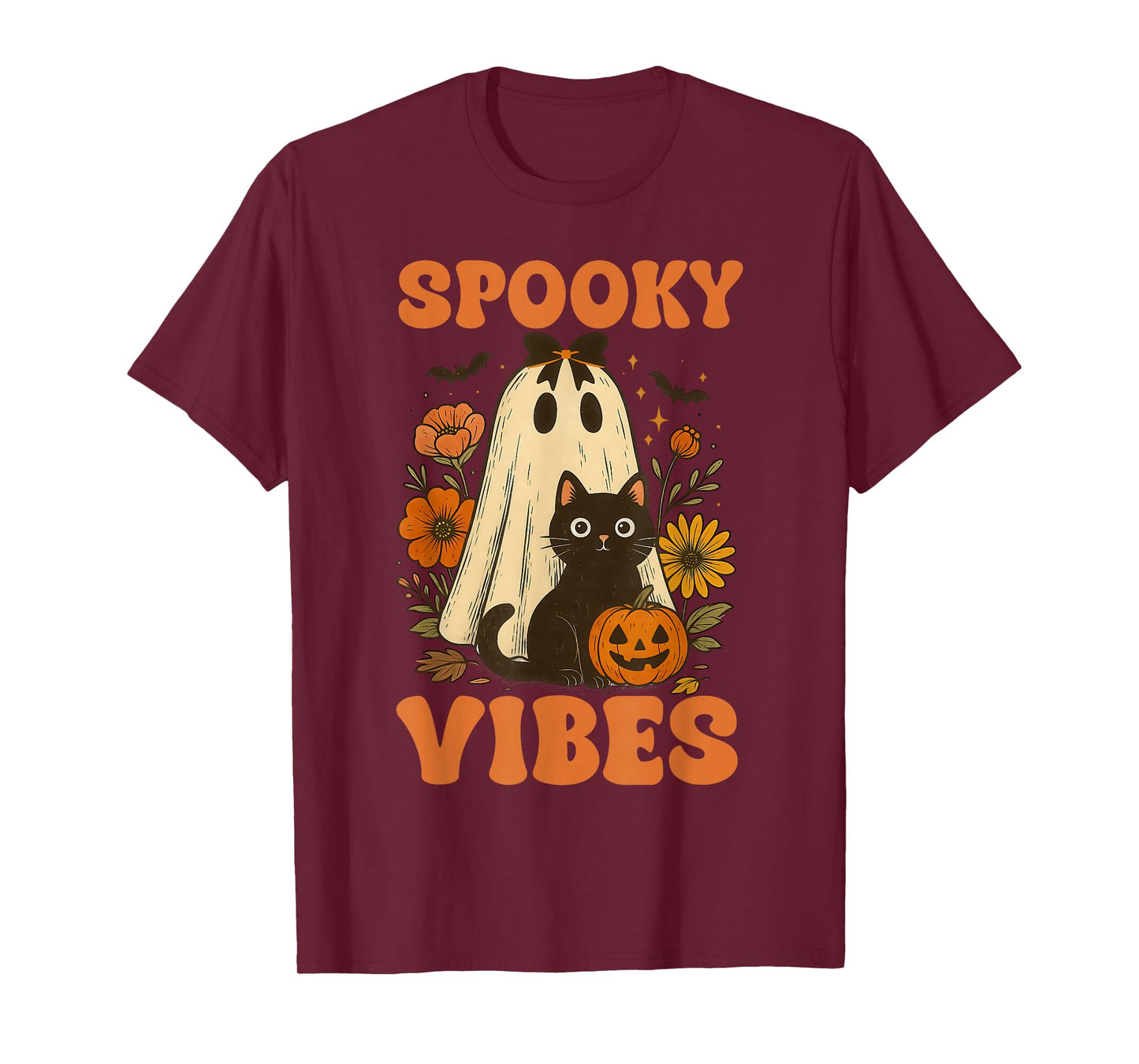 Vintage Halloween Ghost Holding Black Cat Groovy Floral T-Shirt