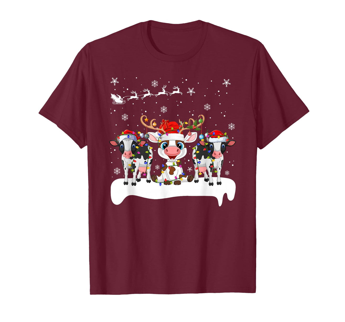 Cow Cattle Christmas Lights Reindeer Santa Hat Cowmas Xmas T-Shirt