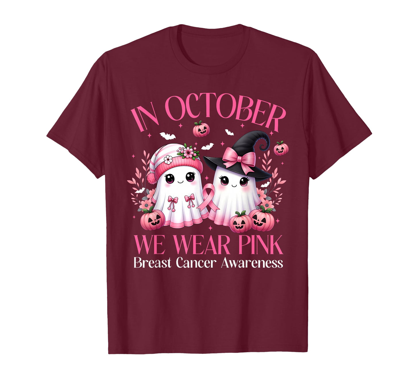 in October We Wear Pink Ghost Witch Breast Cancer Awareness T-Shirt