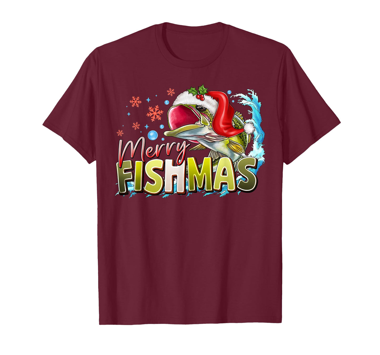Funny Merry Fishmas Christmas Fisherman Bass Santa Hat T-Shirt